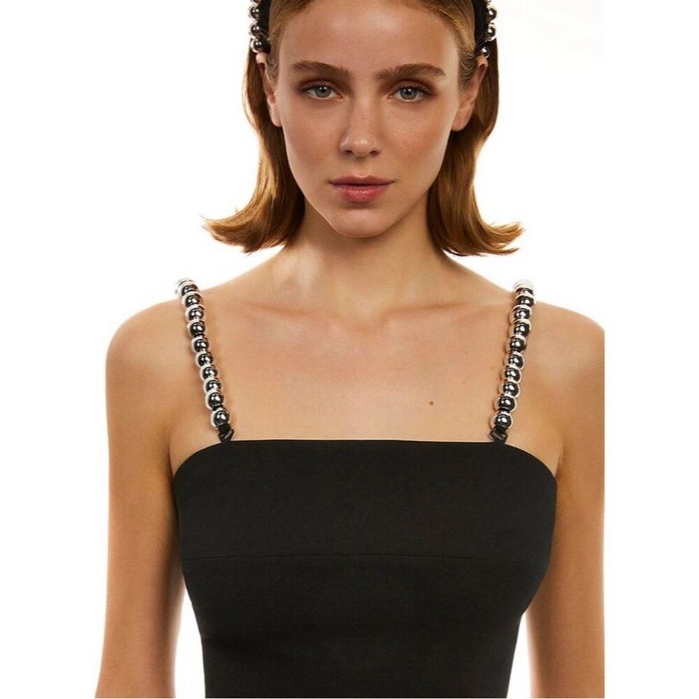 Nocturne Women's Black Crop Top Ball Embellished, Removable Straps, Size 40 - M
